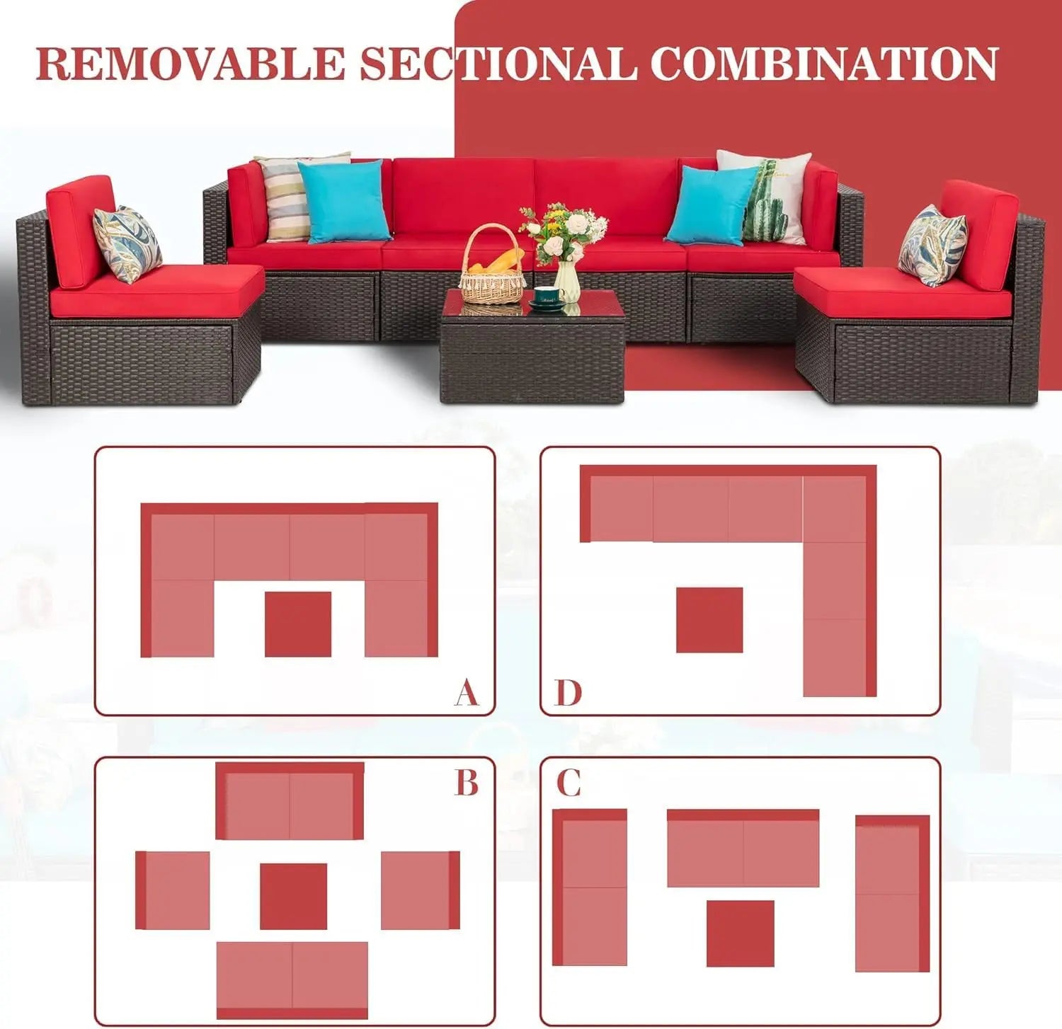 7 Pieces Patio Furniture Sets, Outdoor Modular Sectional Sofa Patio Conversation Set PE Rattan Wicker Sectional Couch