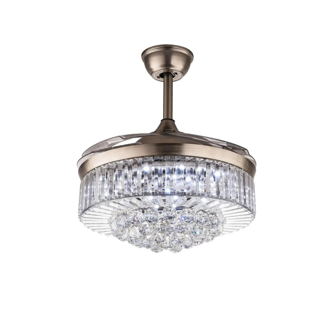 Oukaning Modern Dimmable Crystal Ceiling Fan with Lights Remote Invisible Retractable Chandelier Fandelier Light Led Lighting-Po