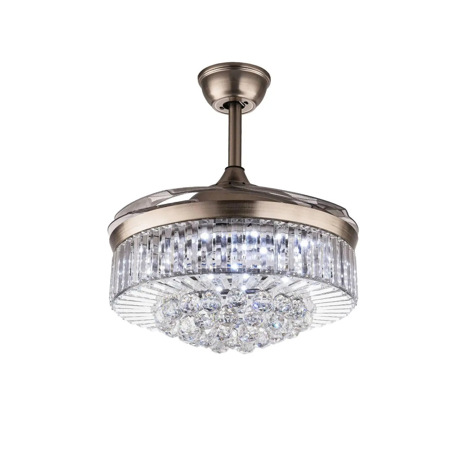 Oukaning Modern Dimmable Crystal Ceiling Fan with Lights Remote Invisible Retractable Chandelier Fandelier Light Led Lighting-Po