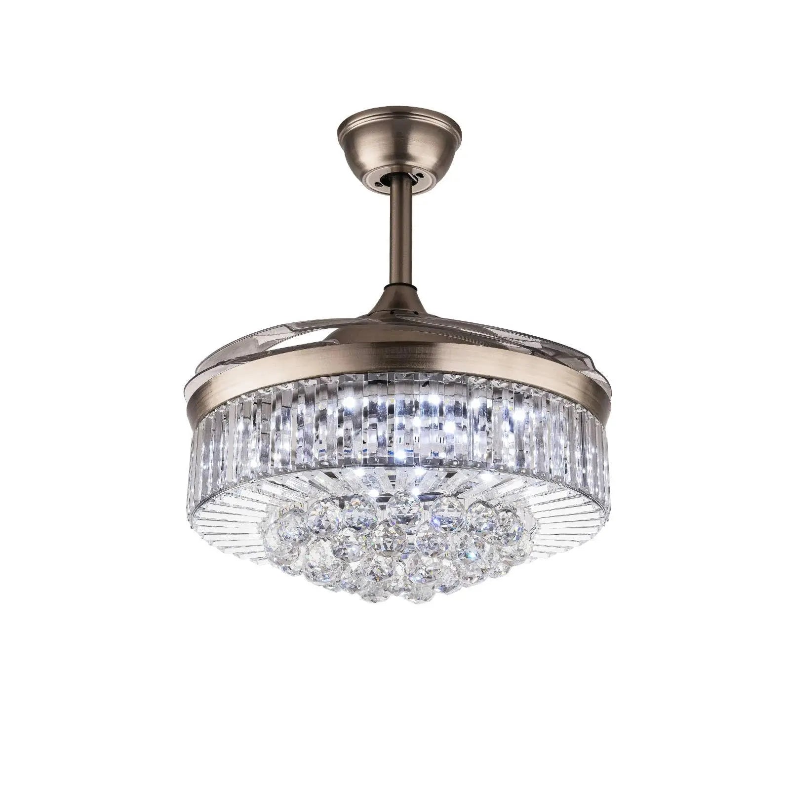 Oukaning Modern Dimmable Crystal Ceiling Fan with Lights Remote Invisible Retractable Chandelier Fandelier Light Led Lighting-Po