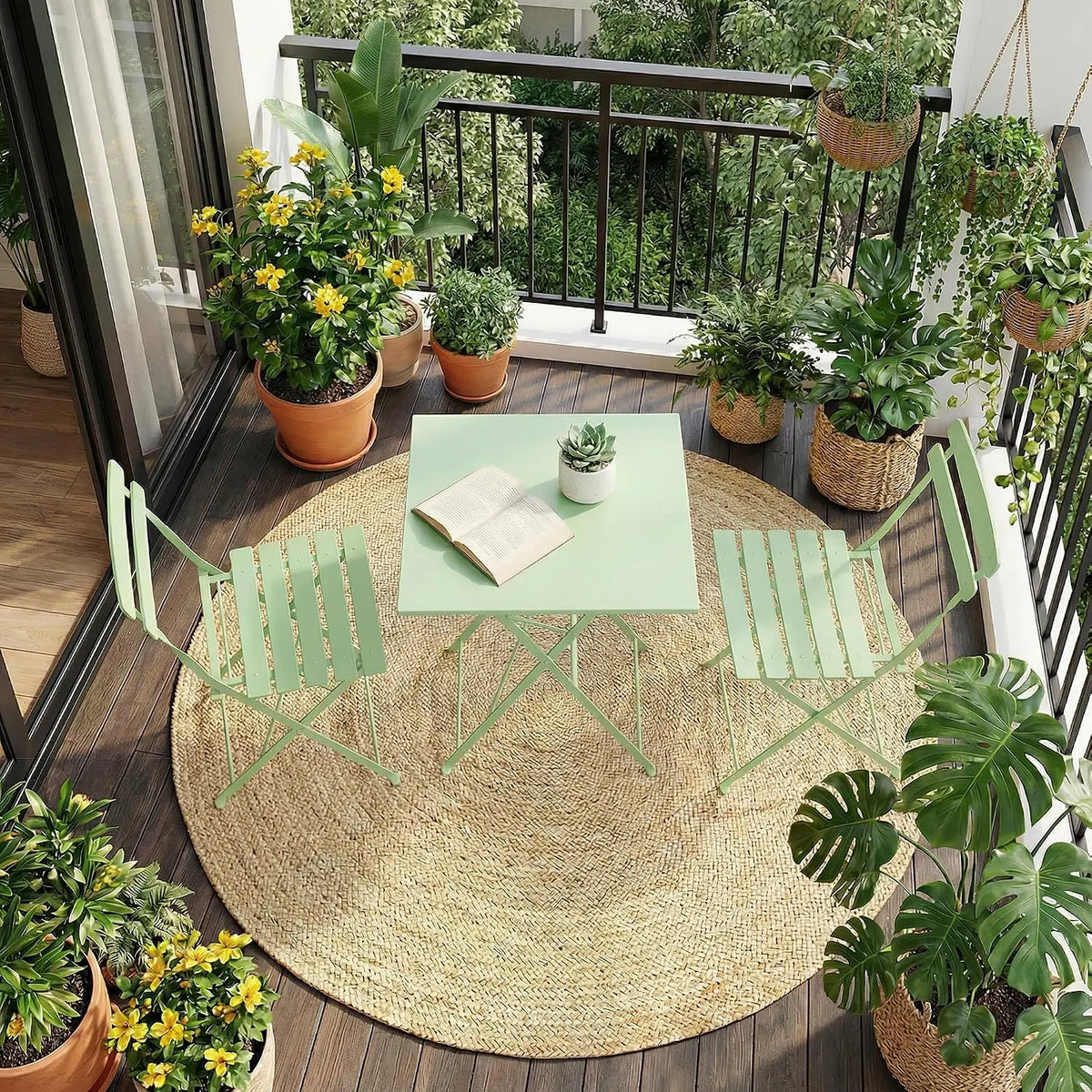 Space-Saving Collapsible Metal Bistro Set, 3-Piece Patio Table and 2 Chairs, Weather-Resistant, No Assembly, Compact for Balcony, Porch, Deck, Garden, Indoor, Outdoor