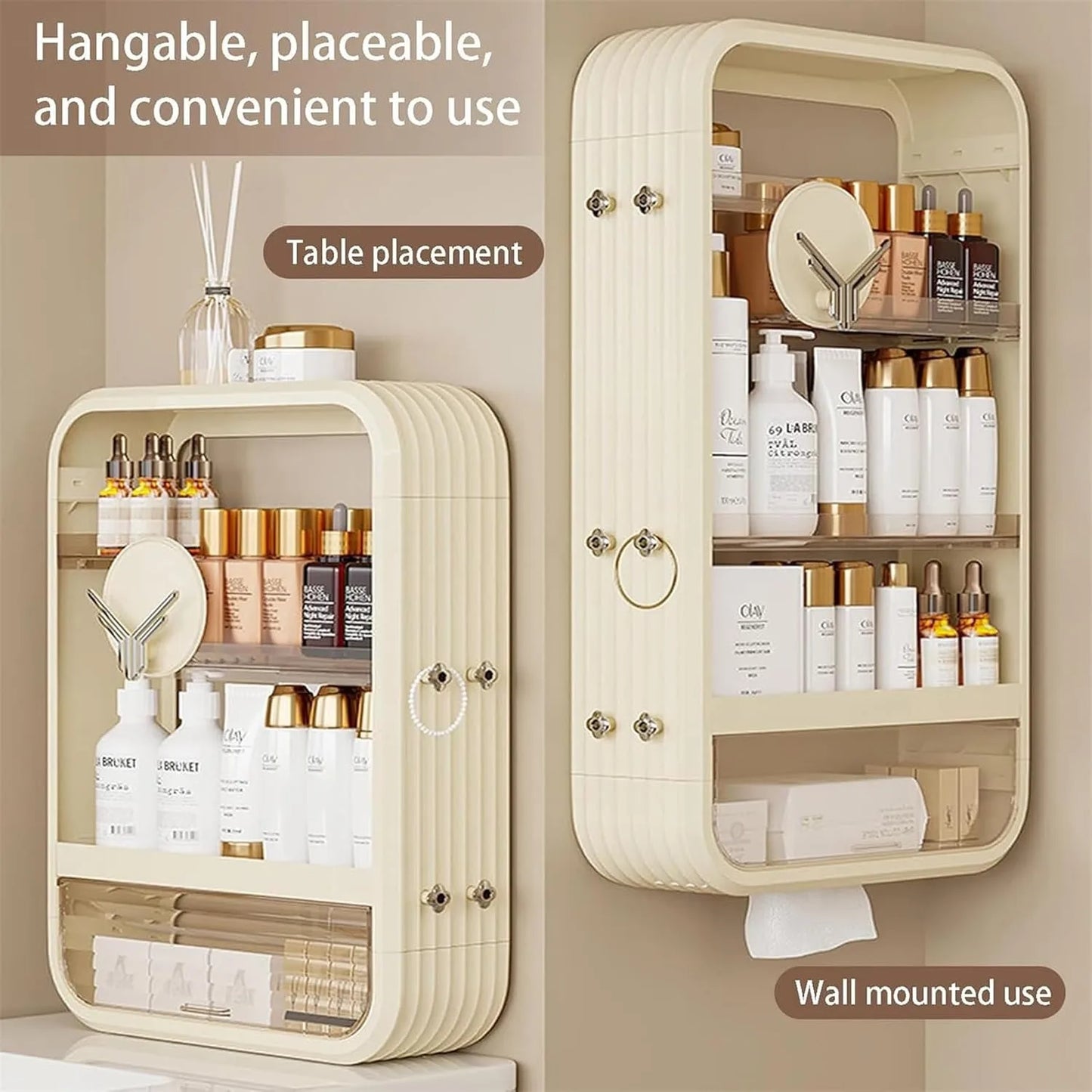 Hign-concerned Wall Mount Makeup Organizer Adhesive Shelf With Tissue Hole
