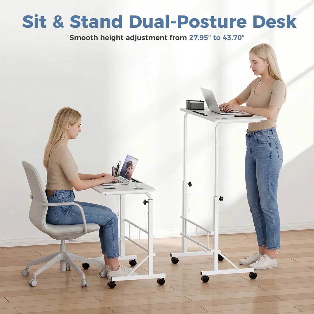 JHK Adjustable Mobile Desk With Locking Wheels For Home Office