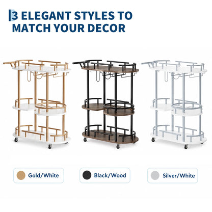 3 Tier Rolling Bar Cart With Wine Rack &amp; Glass Holder, Metal Kitchen Coffee Cart On Wheels, Mobile Serving Cart For Dining Room