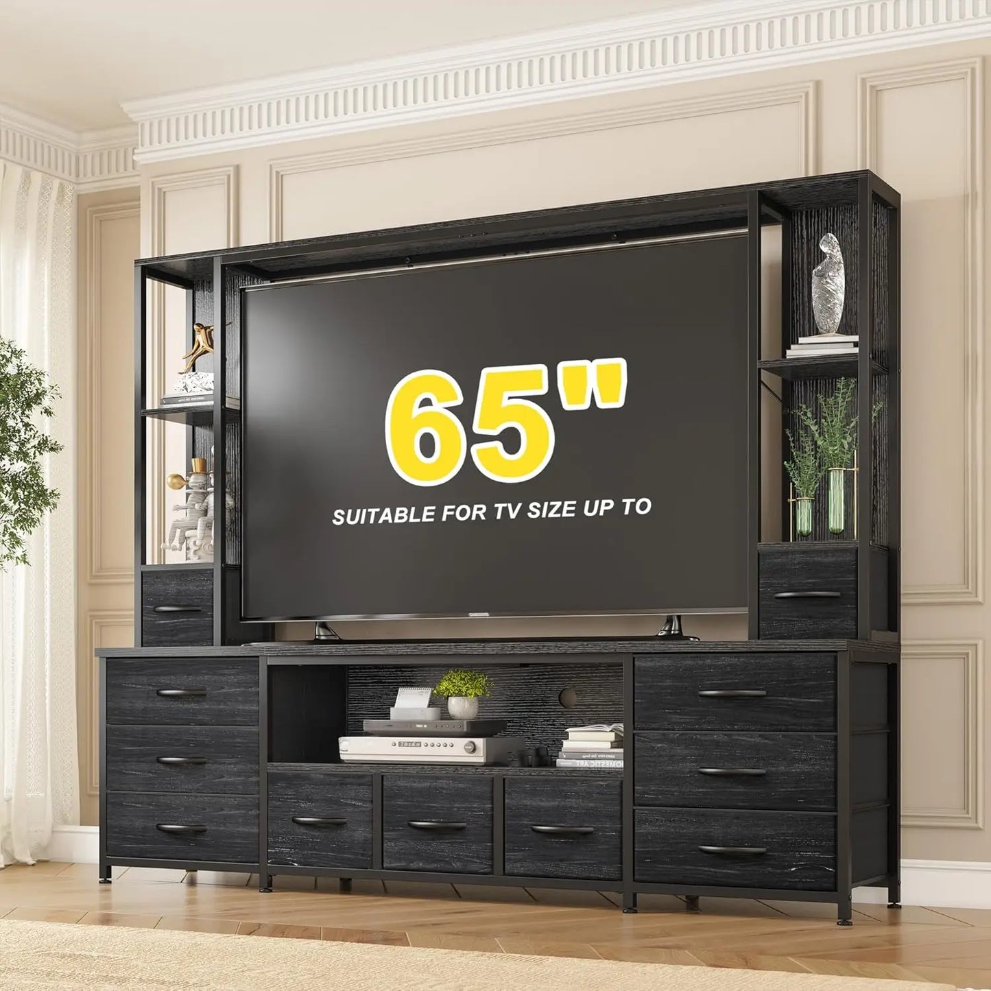 65" TV Stands for Living Room, Large Wall Unit Entertainment Center with 11 Fabric Drawer,Dresser TV Stand with 2 LED Lights