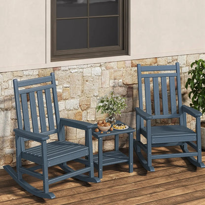 Outdoor Rocking Chairs Set of 2 with Side Table – HDPE High Back Patio Rocker, All-Weather Porch &amp; Garden Furniture