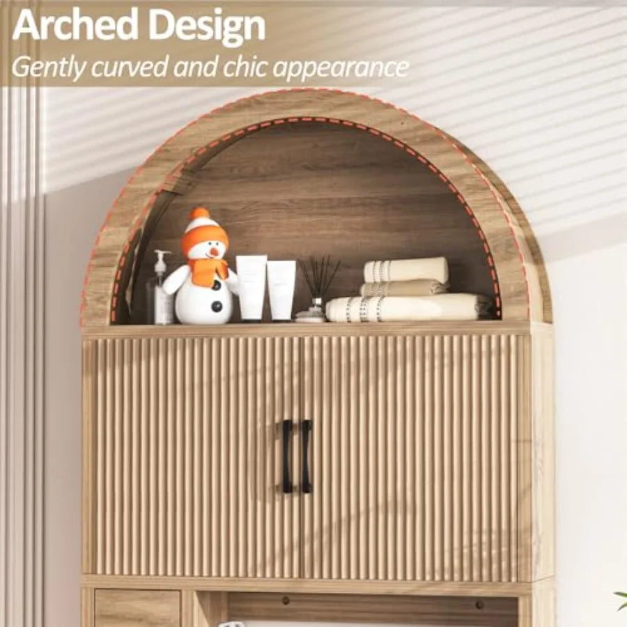 Over The Toilet Storage Cabinet Bathroom Shelf Organizer Freestanding Wood Arch Cabinet with Toilet Paper Holder and Anti-Tippi