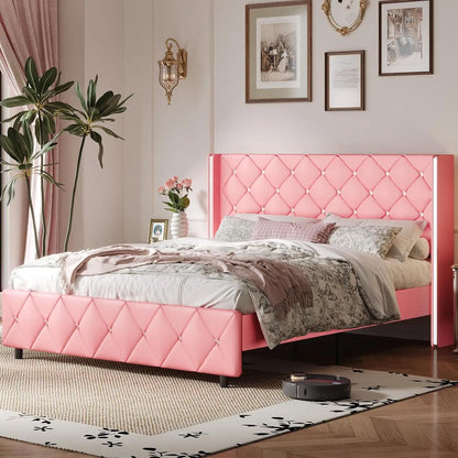 Queen Bed Frame with Headboard, Velvet Upholstered Bed with Wingback and Diamond Tufted Design, Wood Slat Support,, Customized