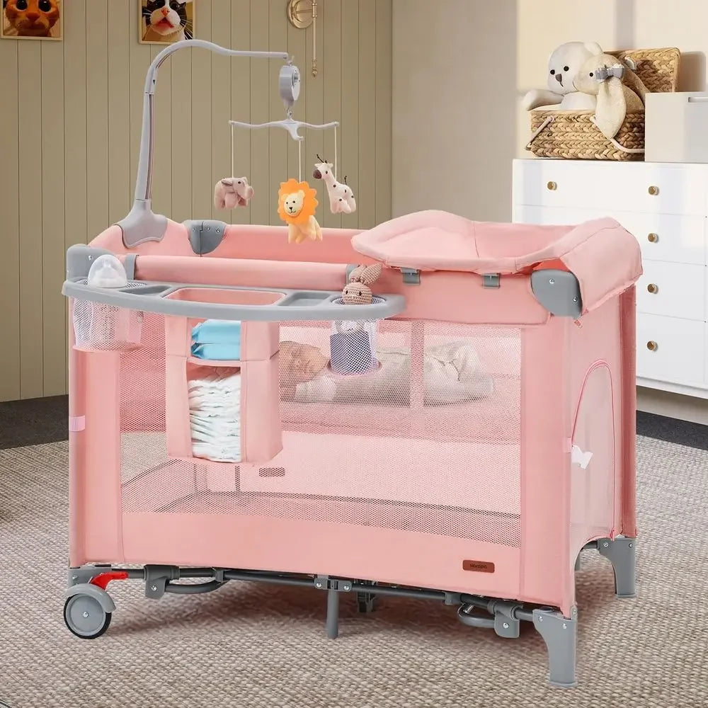 Portable 6-in-1 Baby Playard with Crib, Bassinet, Mattress, and Changing Table (Pink)Time-limited