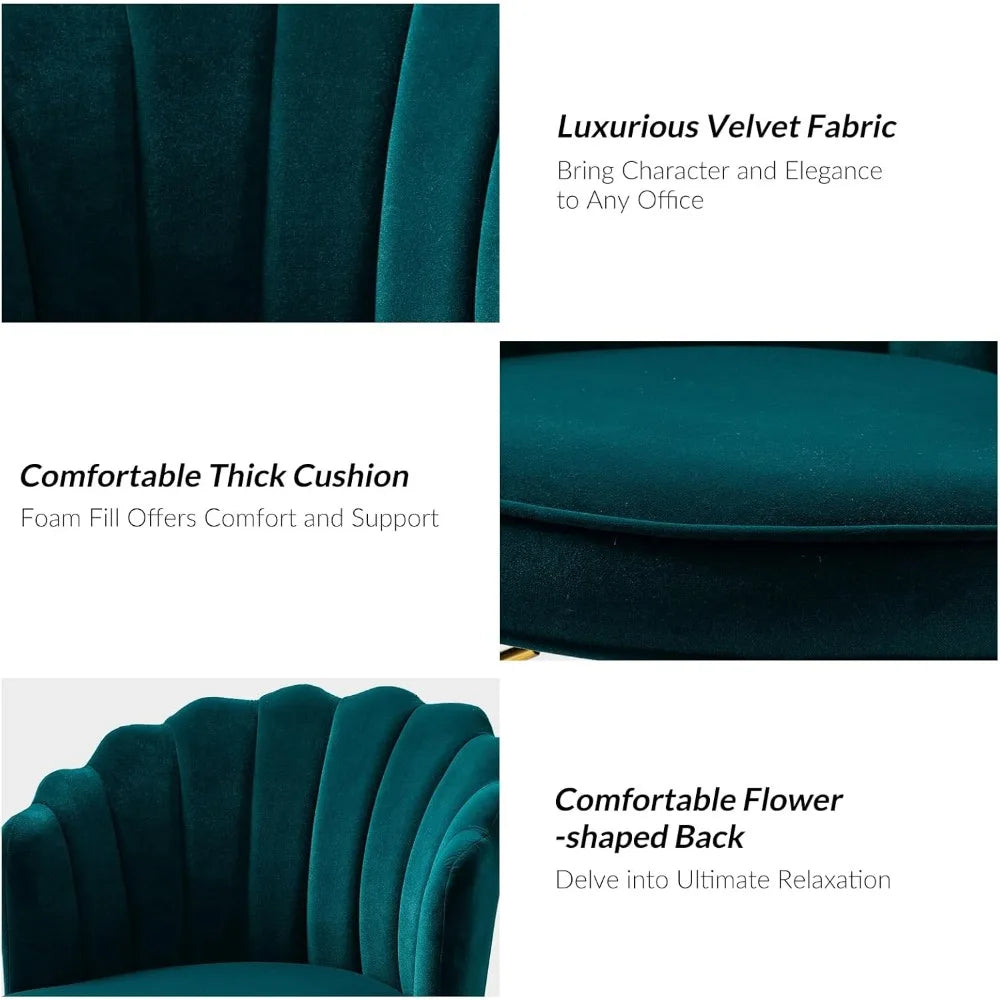 Velvet Home Office Chair with Gold Base, Womans Modern Cute Shell Back Upholstered Desk Chair for Vanity, Adjustable