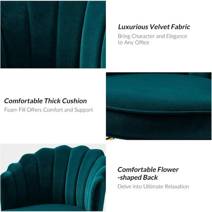 Velvet Home Office Chair with Gold Base, Womans Modern Cute Shell Back Upholstered Desk Chair for Vanity, Adjustable