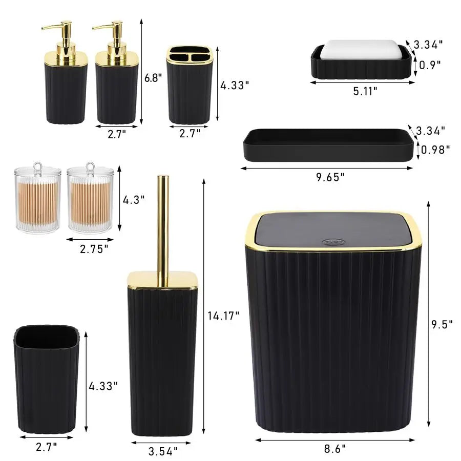 Accessories Set Gorgeous Black Bathroom Set, 10PC Bathroom Accessory Set, Toilet Brush, Trash Can, Qtip Holder amp Soap Dispense