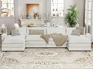 Sectional Modular Sofa U Shaped Chenille Fabric Couch with High Supportive &amp; Soft Sponges and Removable Ottoman, Sleeper Comfy