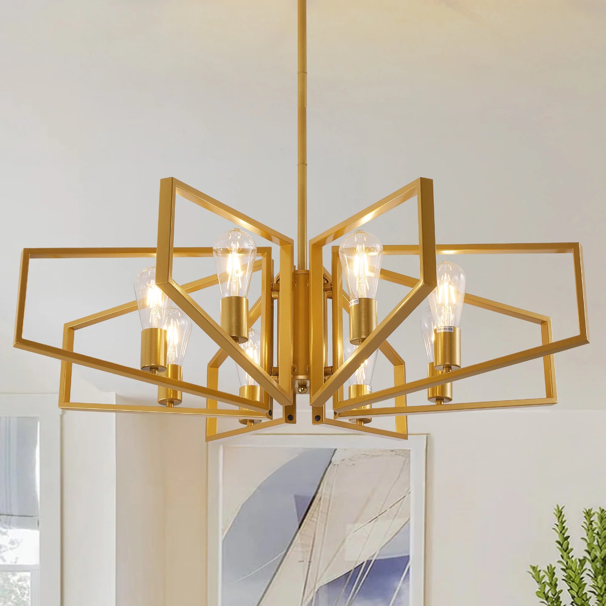 Modern 8-Light Geometric Chandelier Adjustable Height Metal Pendant Light with Black Frame &amp; Golden Accents Ceiling Light Decor