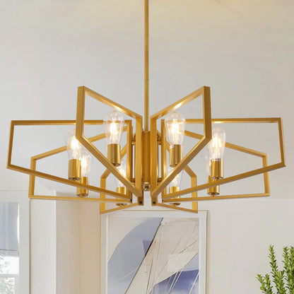 Modern 8-Light Geometric Chandelier Adjustable Height Metal Pendant Light with Black Frame &amp; Golden Accents Ceiling Light Decor