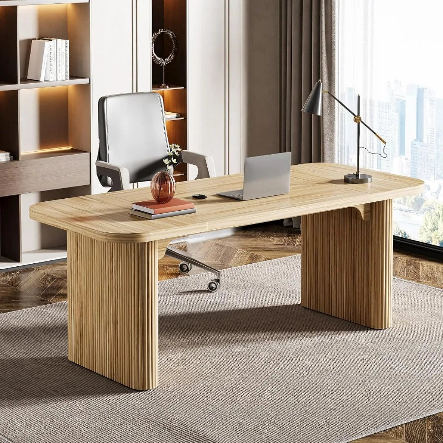 High Concerned Modern Executive Desk Natural Oak Finish With Pedestal
