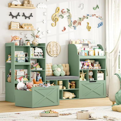 75" Kids Bookshelf with Reading Nook, Toy Storage Organizer with Seat Cushion &amp; Movable Drawers for Playroom