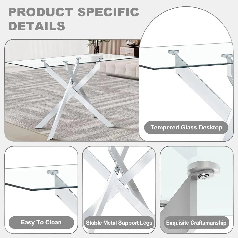 51 Inch Glass Dining Table Set for 4, Rectangular Glass Kitchen Table with 4 Upholstered Velvet Accent Chairs, 5 Piece Modern Di