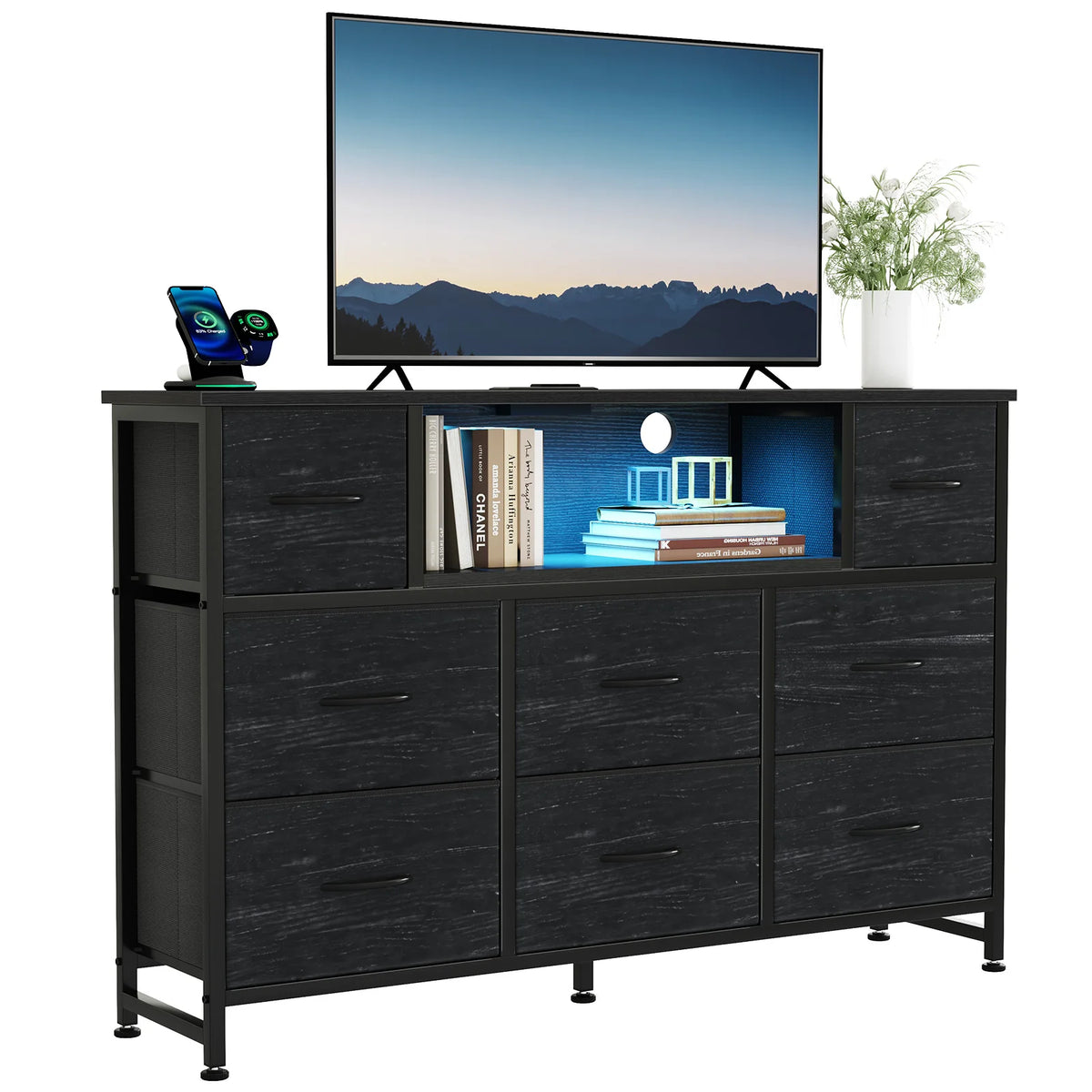 JHK LED TV Stand with Fabric Drawers and Charging Station