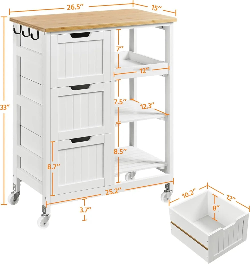 Kitchen Island Cart on Wheels, Rolling Storage Cart with Bamboo Countertop, 3 Drawers, 3 Removable Shelves &amp; Lockable Casters