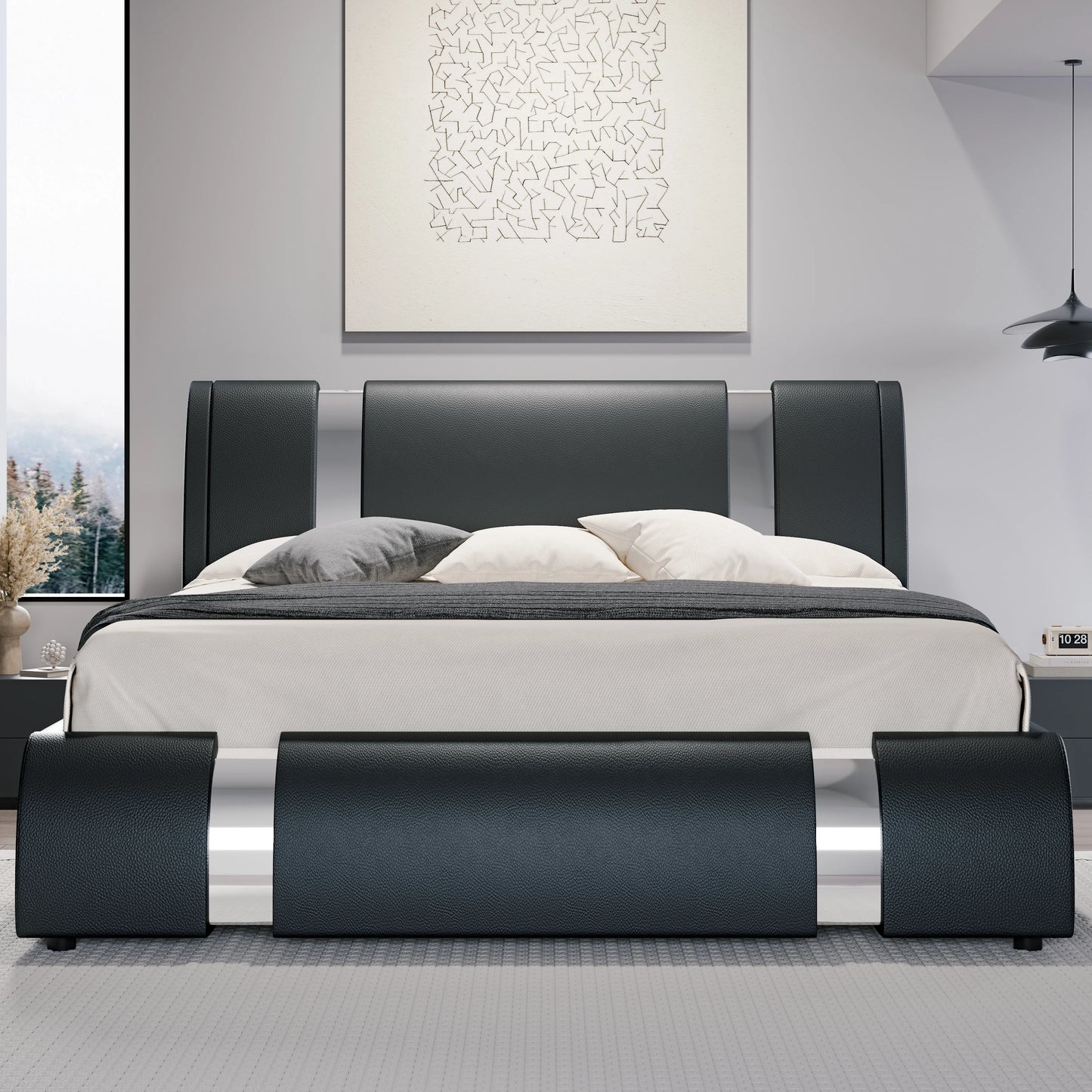 HOOMIC Modern Faux Leather Platform Bed Frame With Iron Accents