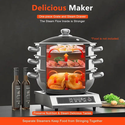 11Inch Steamer for Cooking, Stainless Steel Food Steamer Basket 3 Tier Vegetable Steamer Pot with Lid and Handle, polished