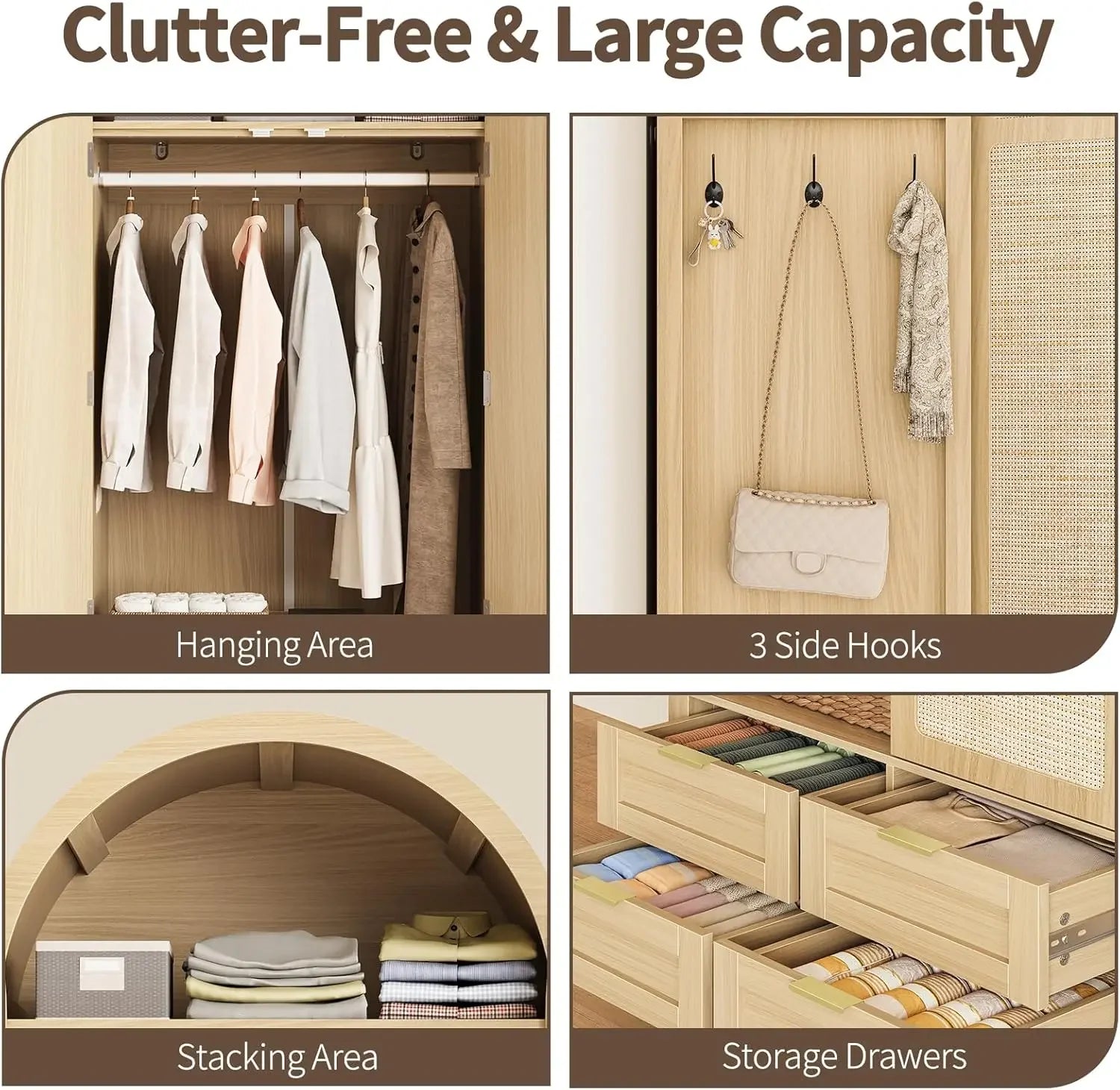 Wardrobe Closet with 4 Drawers - Wood Bedroom Armoires and Wardrobes with Rattan Doors for Hanging Clothes