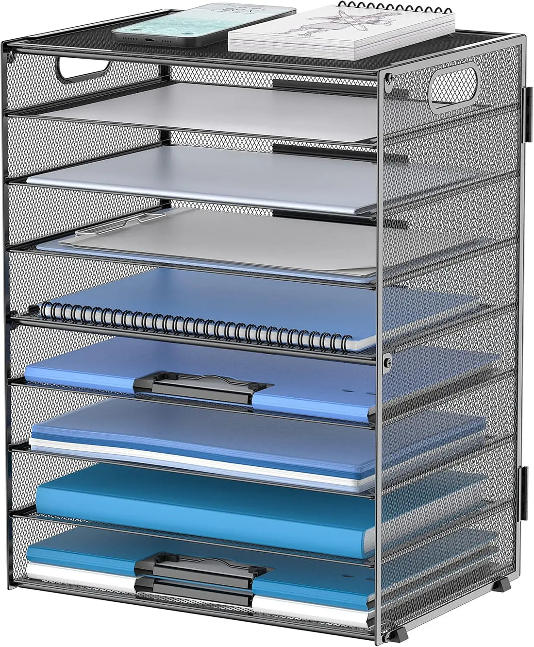 9-Tier Mesh Paper Tray Desk Organizer with Handles, Office Home School File Holder Sorter in Black