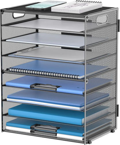 9-Tier Mesh Paper Tray Desk Organizer with Handles, Office Home School File Holder Sorter in Black