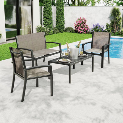 Modern 4 Piece Metal Patio Furniture Set Breathable Mesh Outdoor Loveseat &amp; Chairs With Table For Deck Apartment Porch Backyard