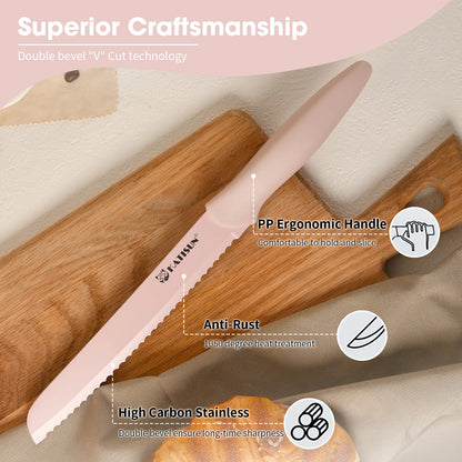 14 Pieces Pink Kitchen Knife Color Block Set , Anti-Rust Color Titanium Coated Carbon Steel, 12 Knives with Shears and Block