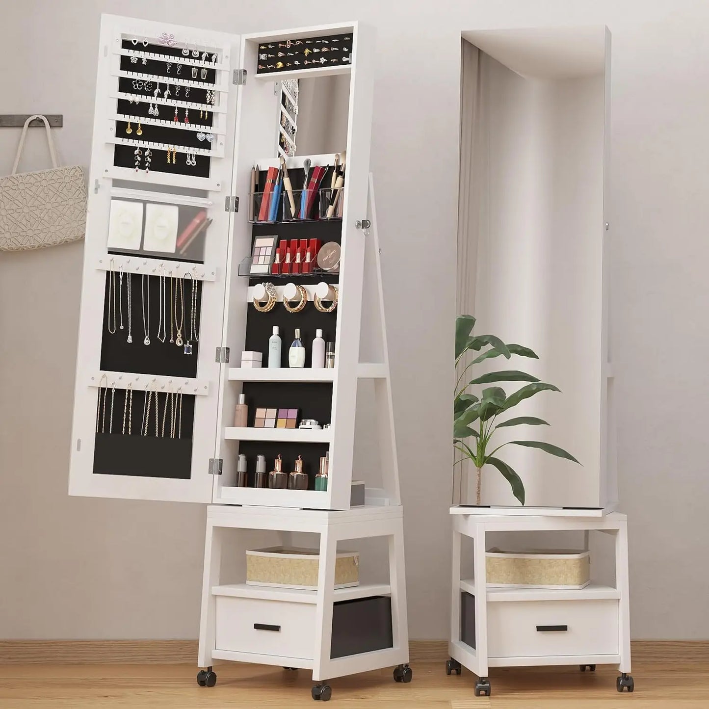 360° Swivel Mirror Jewelry Cabinet, Full Length Mirror with Standing Jewelry Armoire Organizer With Drawer and Wheels White