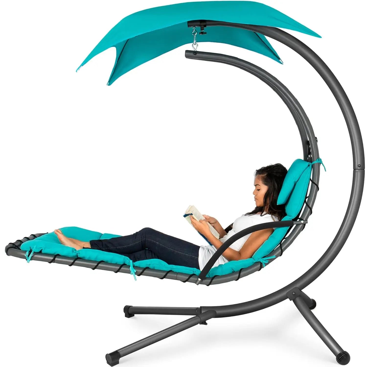 Outdoor Hanging Curved Steel Chaise Lounge Chair Swing w/Built-in Pillow and Removable Canopy - Peacock Blue, Customized