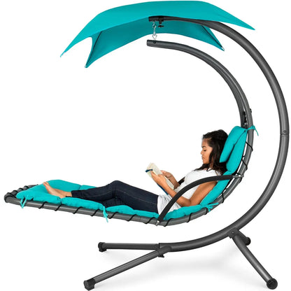 Outdoor Hanging Curved Steel Chaise Lounge Chair Swing w/Built-in Pillow and Removable Canopy - Peacock Blue, Customized