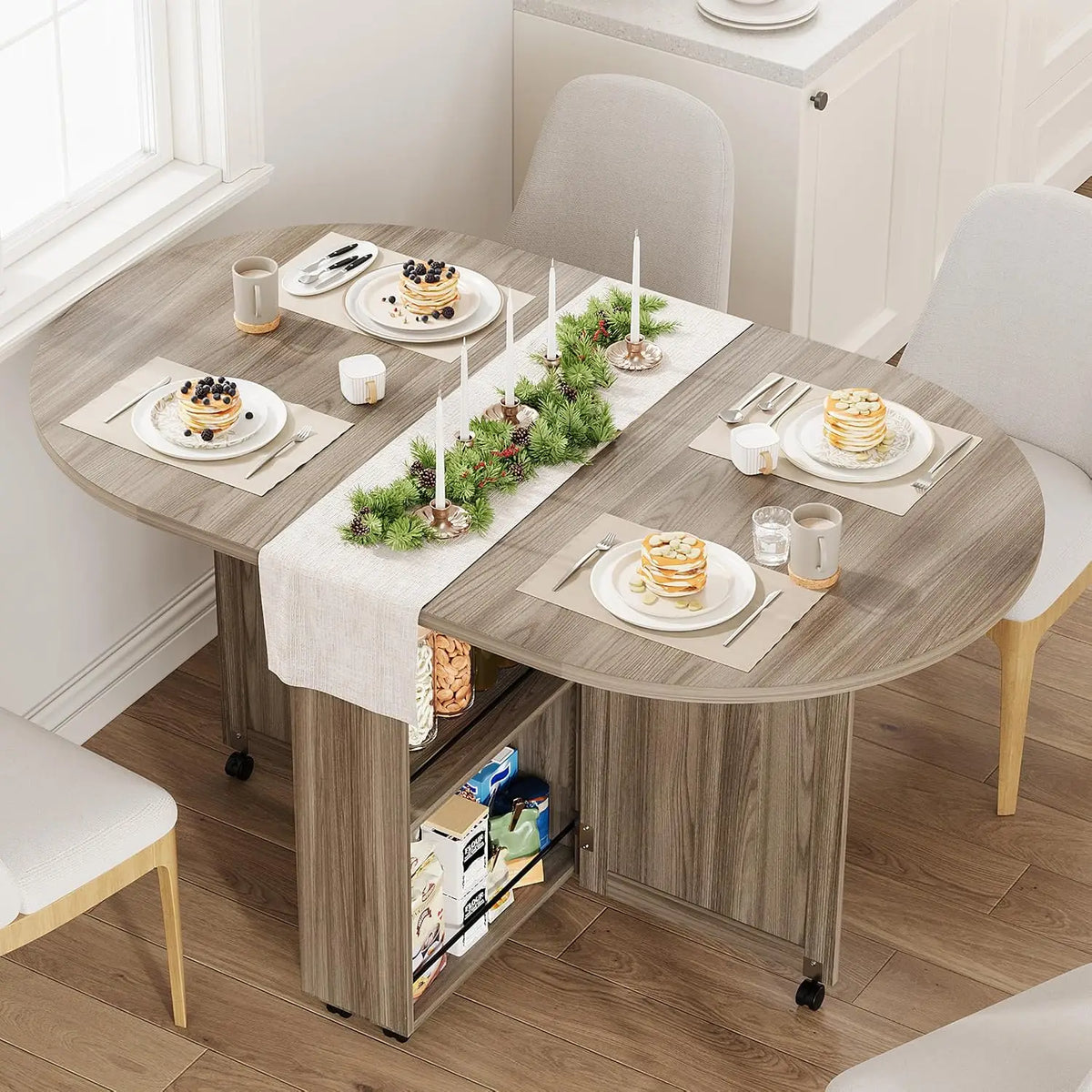 3-in-1 Folding Dining Table With Wine Rack, Drawer &amp; Cup Holders, Drop Leaf Oval Kitchen Table On Lockable Casters For Small Spaces