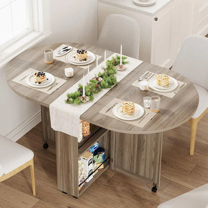 3-in-1 Folding Dining Table With Wine Rack, Drawer &amp; Cup Holders, Drop Leaf Oval Kitchen Table On Lockable Casters For Small Spaces