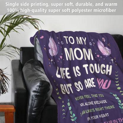 Soft Flannel Cherished Mom Gift Blanket - Versatile Purple Sofa Throw from Daughter or Son | Perfect for Mother&