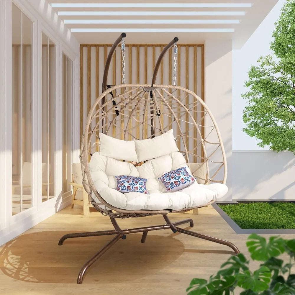 Outdoor Egg Swing Chair with Stand, 2 Person Patio Swing Chairs with Thick Cushions and Pillows, Wicker Double Egg Chair Swing