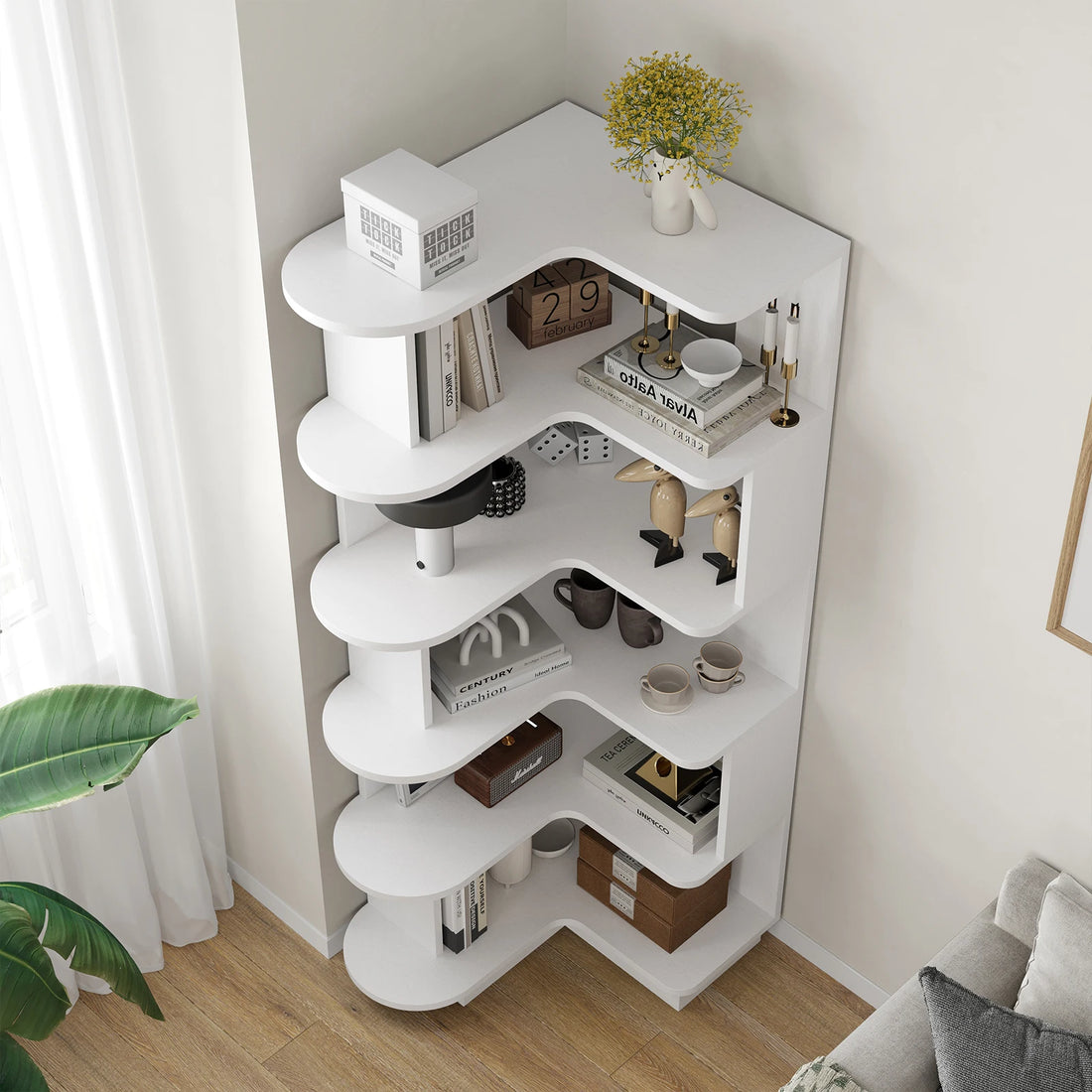 Farini 5-Tier Corner Bookshelf,L-Shaped Bookcase Freestanding Storage Shelf &amp; Display Stand for Living Room, Office, Bedroom