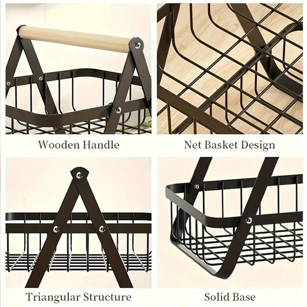 3-Tier Foldable Metal Fruit &amp; Vegetable Storage Rack with Wooden Handle - Kitchen Countertop Organizer Basket for Bread, Produce, Pantry Organization