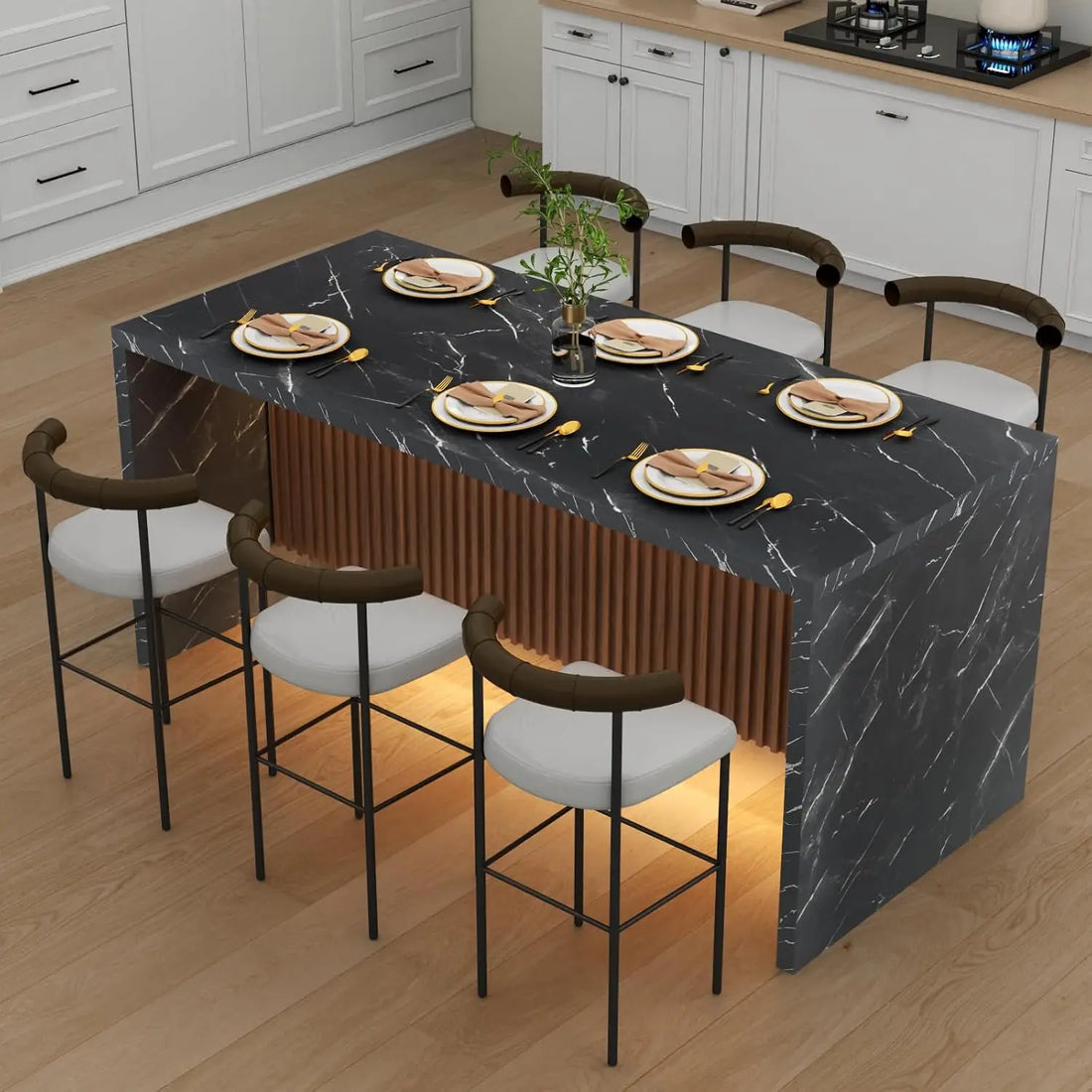 71" Large Imitation Marble Dining Table for 4-6 People, Island Table with LED Lights, Marble Stripes Kitchen Dining Tabl