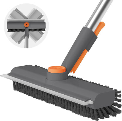 AIR U+ Floor Scrub Brush with Long Handle, 3-in-1 Rotating Head &amp; Squeegee | Stiff Dual-Sided Bristles for Shower, Bathroom, Kitchen and Patio, 30–50 In Handle for Easier Stand-up Cleaning, Gray