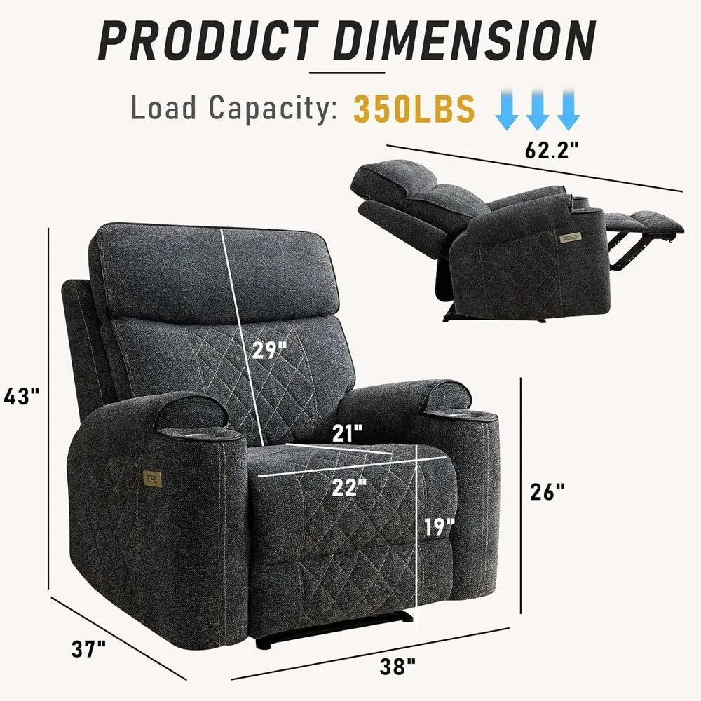 Grey Fabric Power Recliner with Metal Cup Holders, Heavy Duty Sofa Chair for Living Room or Bedroom