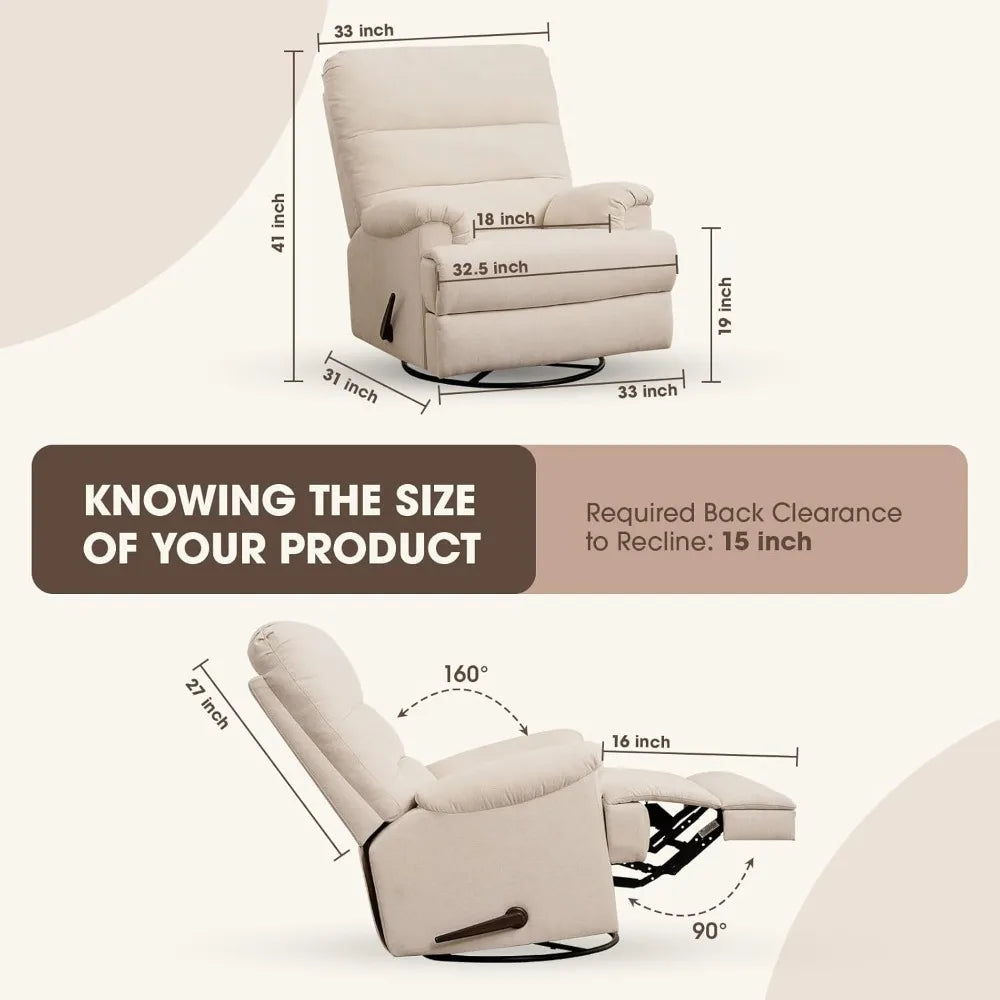 Large Glider Rocker Recliner,eclining Sofa Rocking Chair Nursery,23 Inches Deep Seat & 27 inches High Back，Bed Room‎ (Beige)