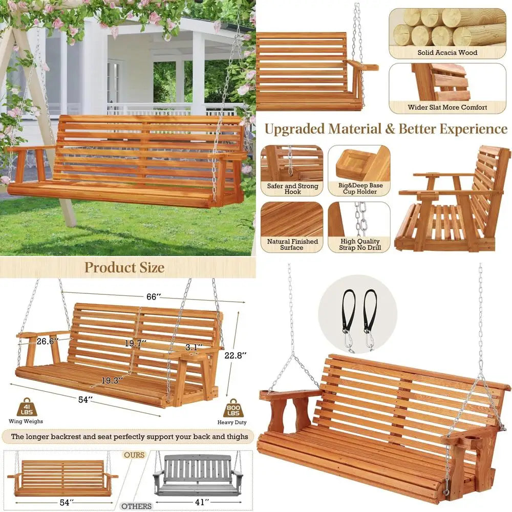 Wooden Porch Swing with Cup Holders and Chains, 880 lbs Capacity Outdoor Swing Chair Bench for Courtyard and Patio