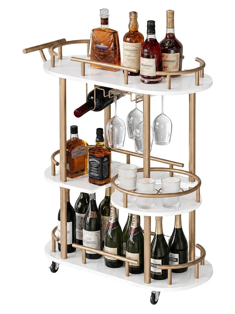 3 Tier Rolling Bar Cart With Wine Rack &amp; Glass Holder, Metal Kitchen Coffee Cart On Wheels, Mobile Serving Cart For Dining Room