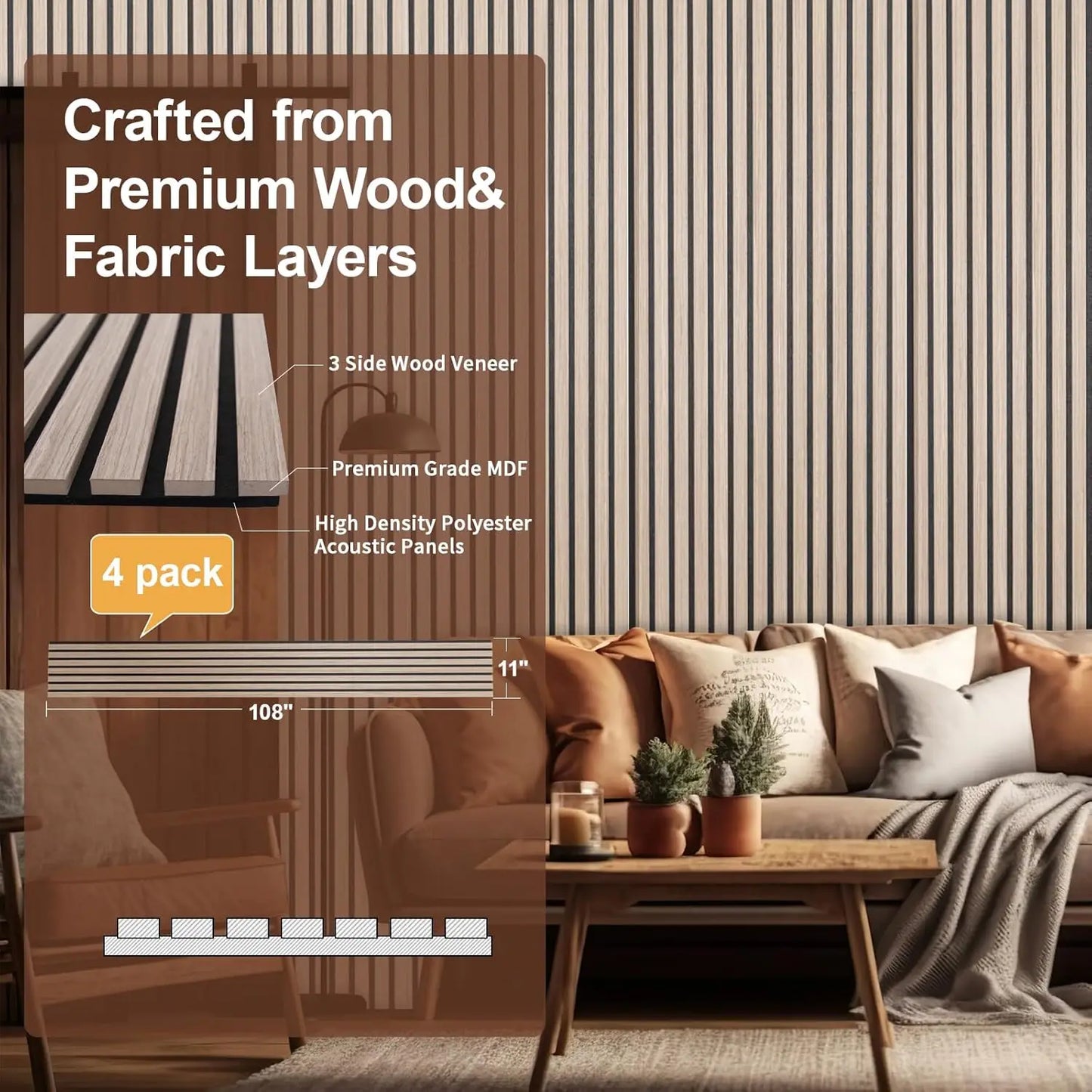 XMSJ Wood Slat Acoustic Panels 4 Pack Wall Ceiling