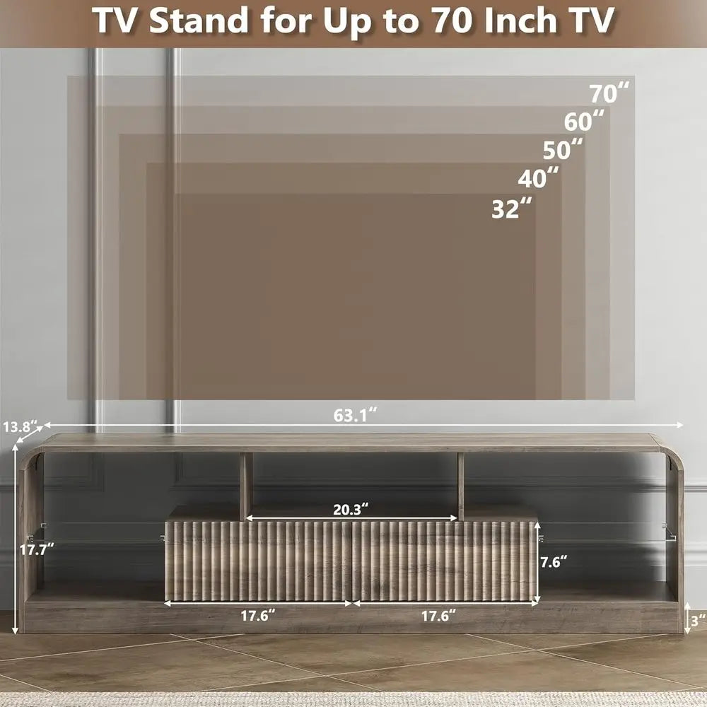 TV Stand or 60/65/70 Inch TVs, ern Curved TV ole with LED Lights, 2 Ders &amp; Glass Shelves, Living Room Entertainment Center