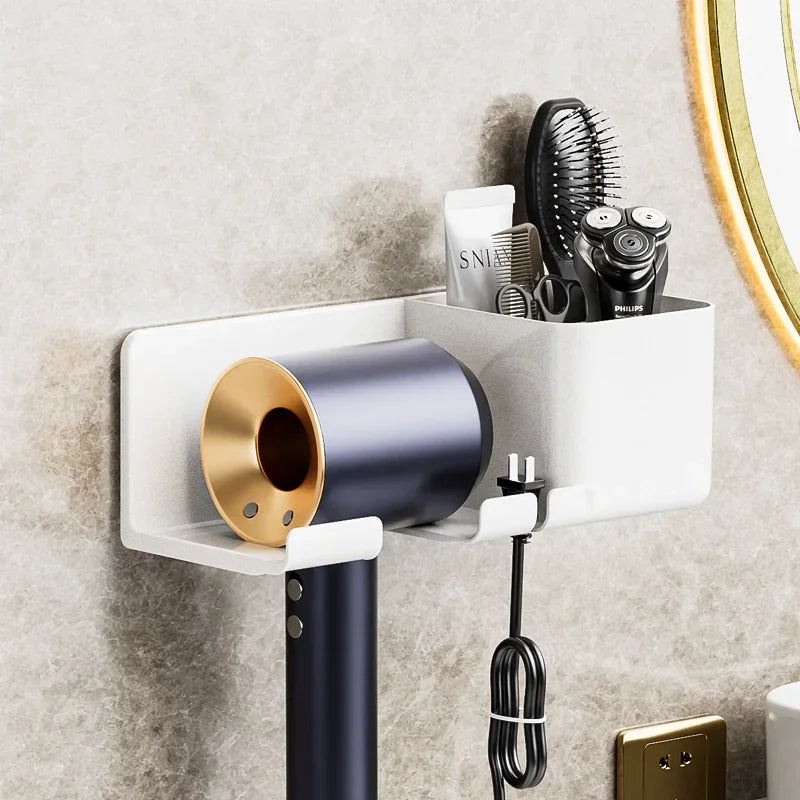 Hair Dryer Holder No Drill Wall Mount Self-Adhesive With Plug Holder Storage Organizer For Bathroom Hotel Barbershop