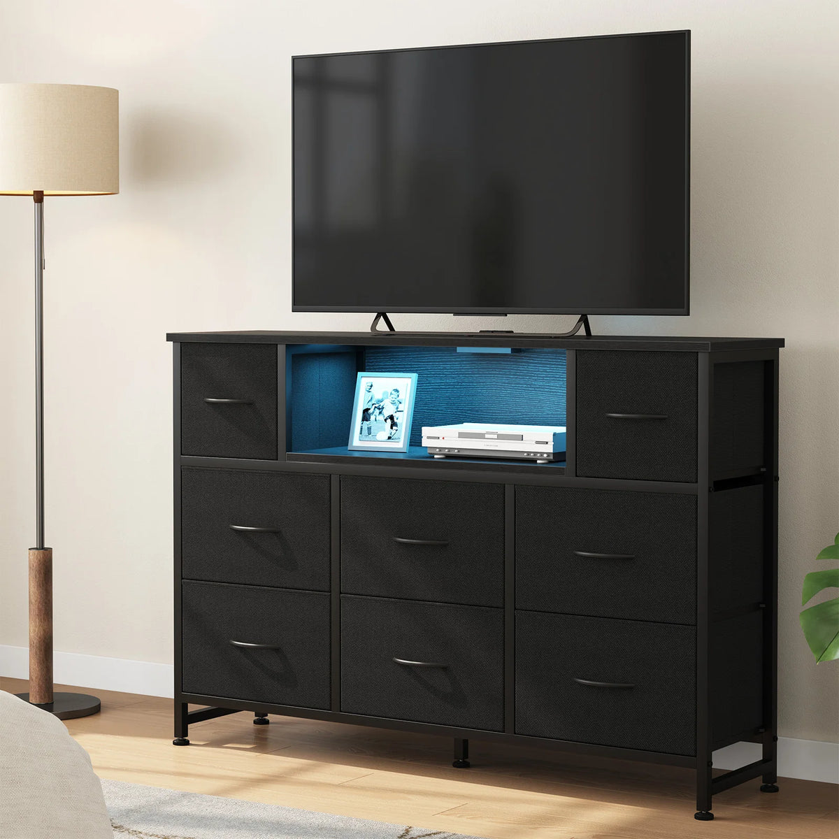 JHK LED TV Stand with Fabric Drawers and Charging Station